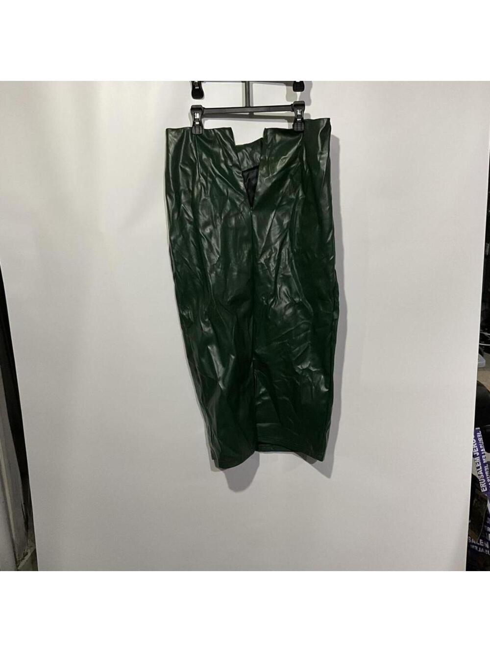 Green Faux Leather Midi Skirt with Button Front